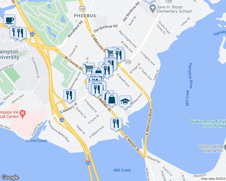 map of restaurants, bars, coffee shops, grocery stores, and more near 20 North Hope Street in Hampton