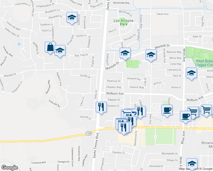 map of restaurants, bars, coffee shops, grocery stores, and more near 1297 Chesbro Way in Gilroy