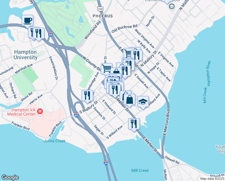 map of restaurants, bars, coffee shops, grocery stores, and more near 14 East County Street in Hampton