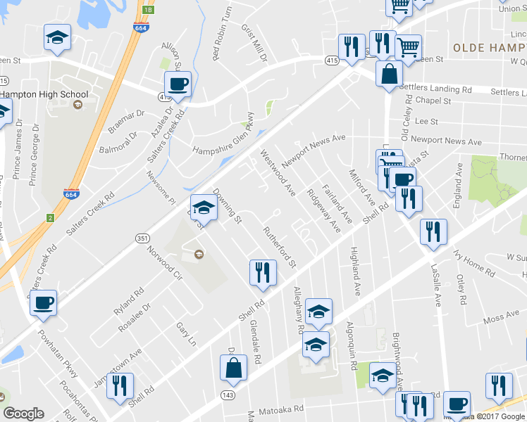 map of restaurants, bars, coffee shops, grocery stores, and more near 5 York Street in Hampton