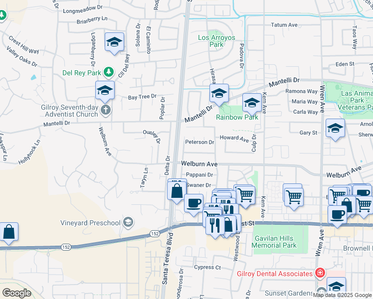 map of restaurants, bars, coffee shops, grocery stores, and more near 1297 Chesbro Way in Gilroy