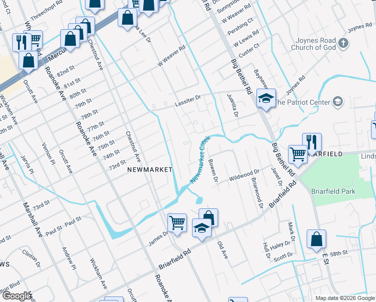 map of restaurants, bars, coffee shops, grocery stores, and more near 155 Mytilene Drive in Newport News