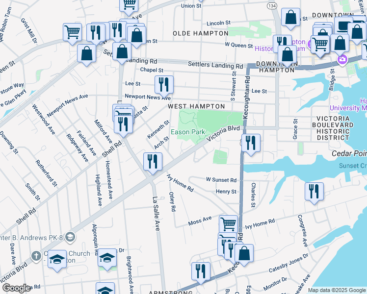 map of restaurants, bars, coffee shops, grocery stores, and more near 3 Palmerston Drive in Hampton