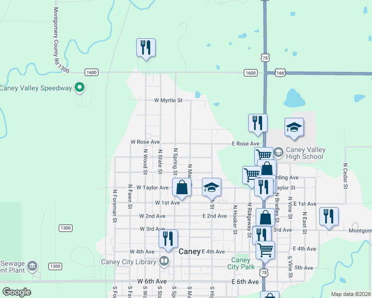 map of restaurants, bars, coffee shops, grocery stores, and more near 100-198 West Howard Avenue in Caney
