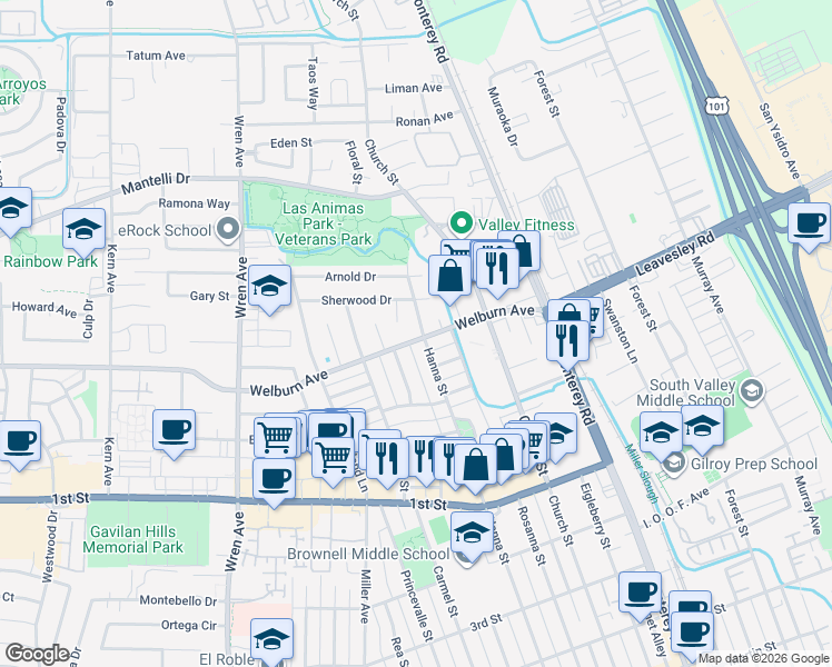 map of restaurants, bars, coffee shops, grocery stores, and more near 401 Welburn Avenue in Gilroy