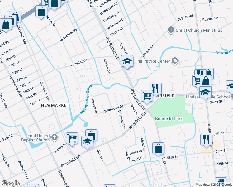map of restaurants, bars, coffee shops, grocery stores, and more near 116 Briarwood Drive in Hampton
