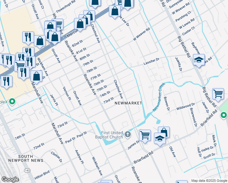 map of restaurants, bars, coffee shops, grocery stores, and more near 1120 74th Street in Newport News
