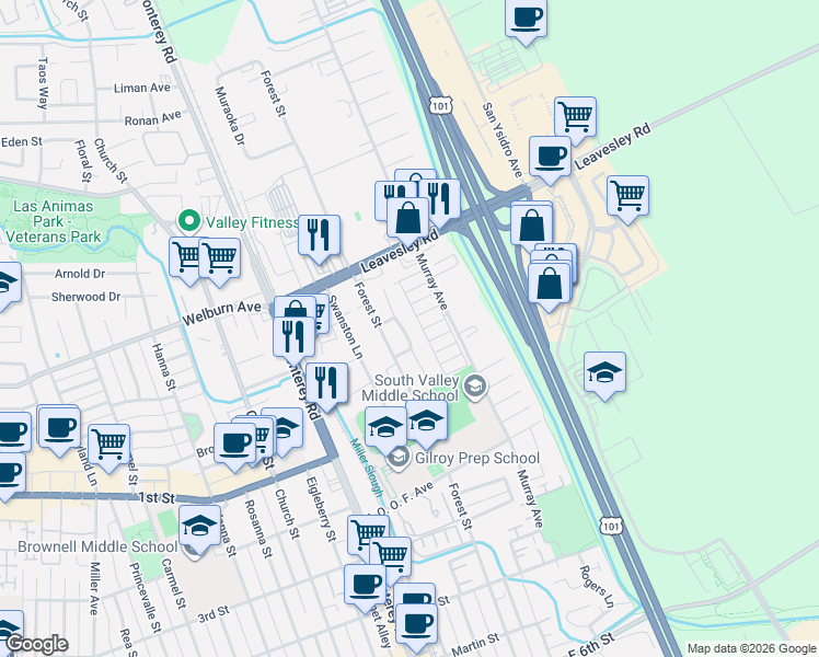 map of restaurants, bars, coffee shops, grocery stores, and more near 8200 Springdale Court in Gilroy