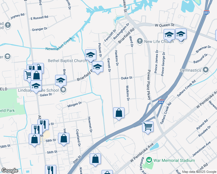 map of restaurants, bars, coffee shops, grocery stores, and more near 108 Garrett Drive in Hampton