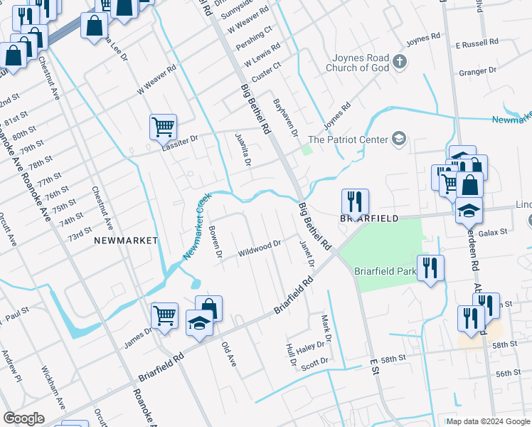 map of restaurants, bars, coffee shops, grocery stores, and more near 116 Briarwood Drive in Hampton