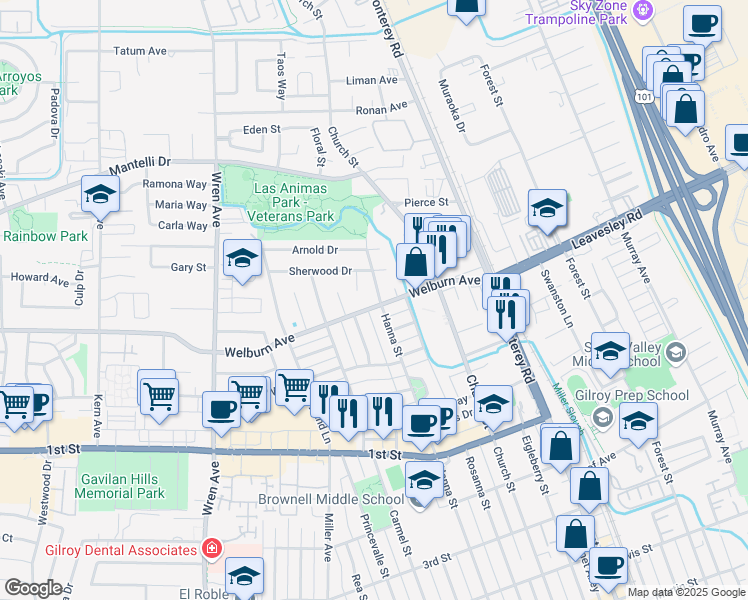 map of restaurants, bars, coffee shops, grocery stores, and more near 401 Welburn Avenue in Gilroy