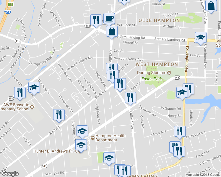 map of restaurants, bars, coffee shops, grocery stores, and more near 534 Brightwood Avenue in Hampton