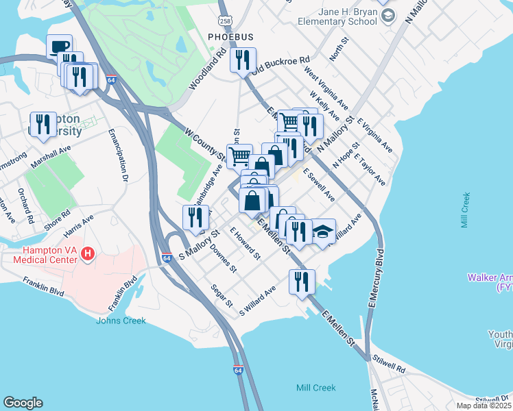 map of restaurants, bars, coffee shops, grocery stores, and more near 14 East County Street in Hampton
