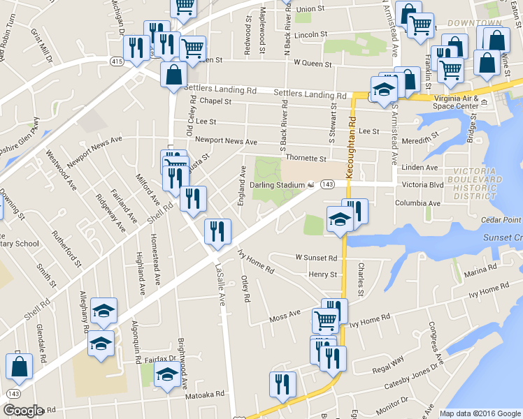 map of restaurants, bars, coffee shops, grocery stores, and more near 3 Palmerston Drive in Hampton