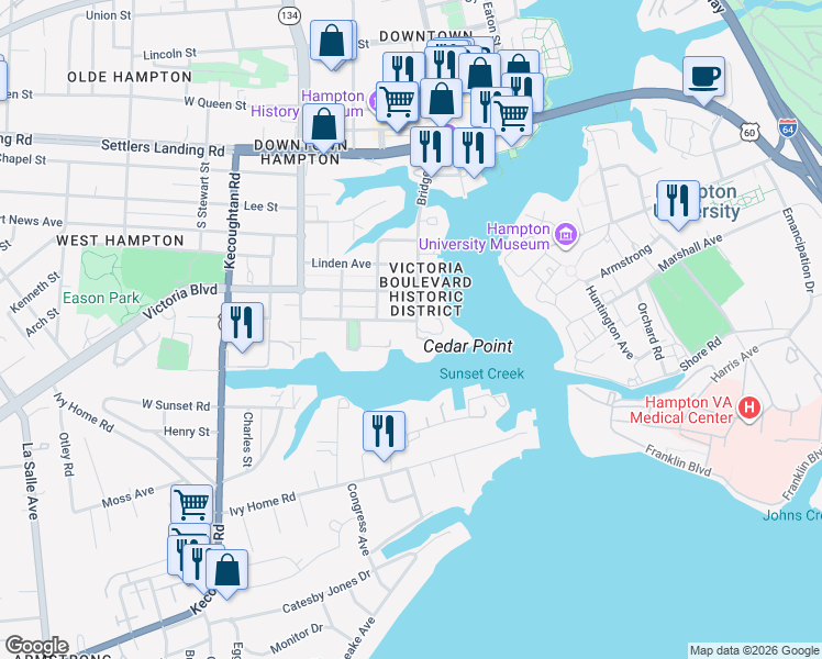 map of restaurants, bars, coffee shops, grocery stores, and more near 2 Cedar Point Drive in Hampton