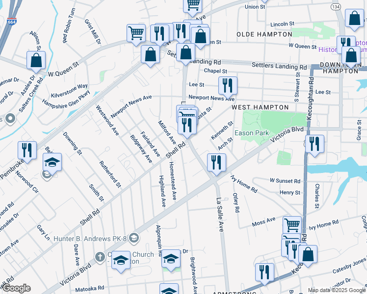 map of restaurants, bars, coffee shops, grocery stores, and more near 534 Brightwood Avenue in Hampton
