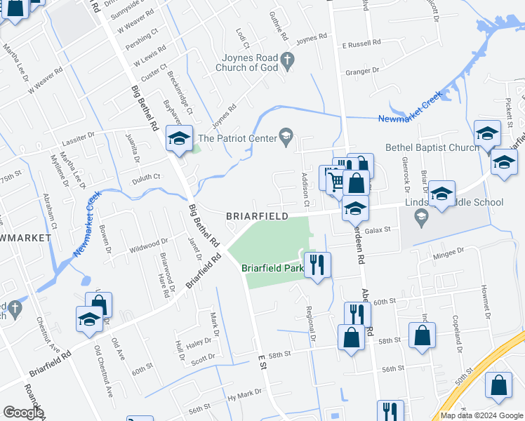 map of restaurants, bars, coffee shops, grocery stores, and more near 1573 Briarfield Road in Hampton