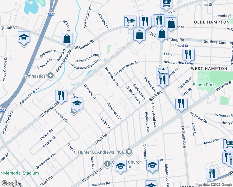map of restaurants, bars, coffee shops, grocery stores, and more near 16 York Street in Hampton