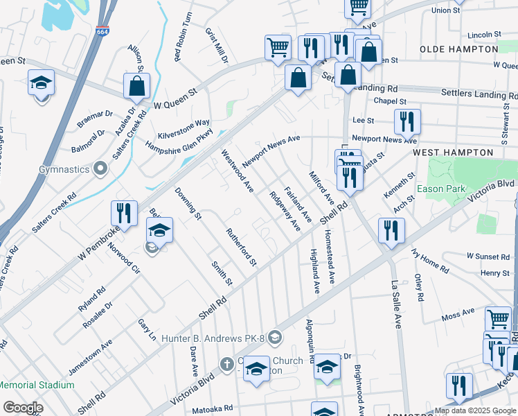 map of restaurants, bars, coffee shops, grocery stores, and more near 727 Westwood Avenue in Hampton