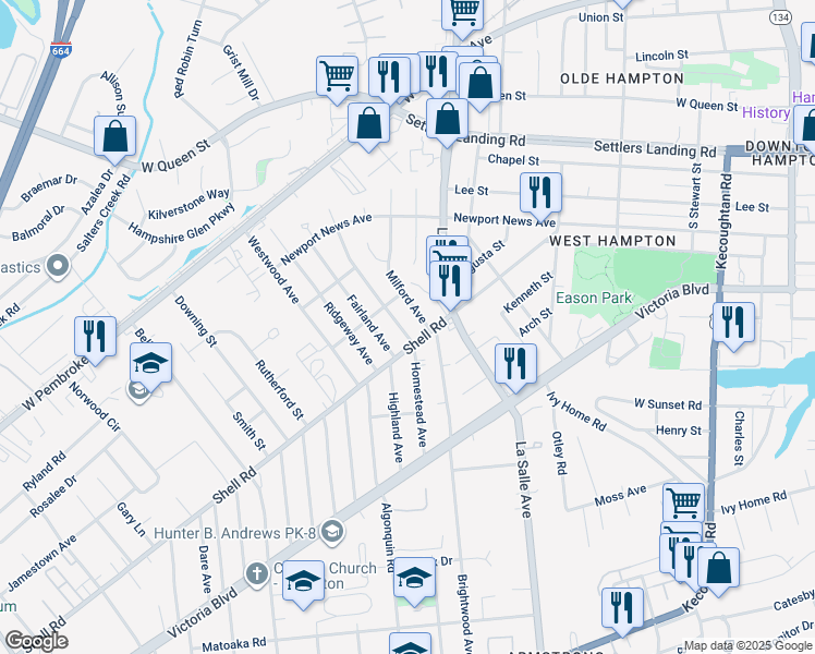 map of restaurants, bars, coffee shops, grocery stores, and more near 612 Homestead Avenue in Hampton