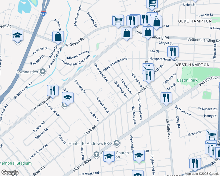 map of restaurants, bars, coffee shops, grocery stores, and more near 727 Westwood Avenue in Hampton