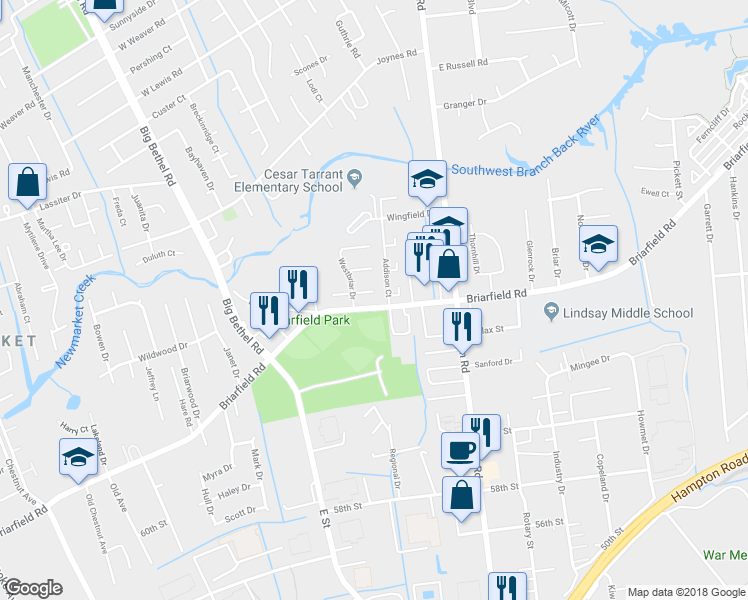 map of restaurants, bars, coffee shops, grocery stores, and more near 24 Sunbriar Way in Hampton