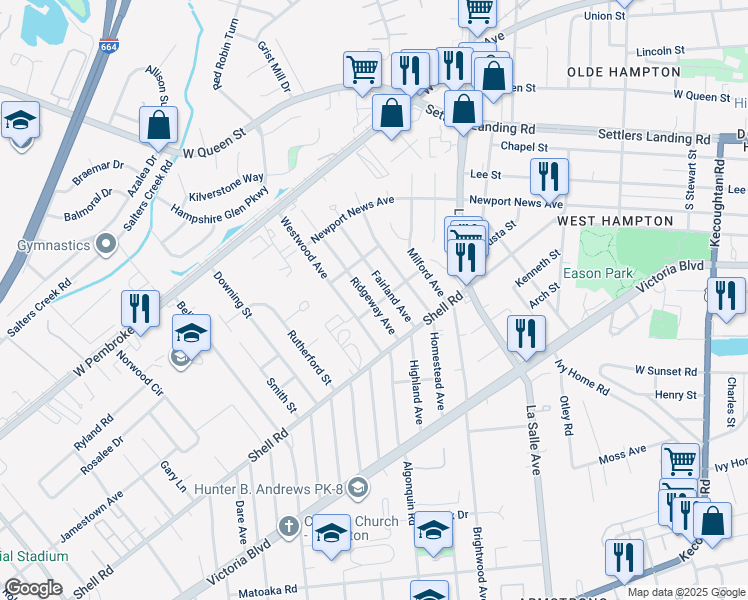 map of restaurants, bars, coffee shops, grocery stores, and more near 700 Ridgeway Avenue in Hampton