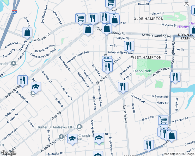 map of restaurants, bars, coffee shops, grocery stores, and more near 612 Homestead Avenue in Hampton