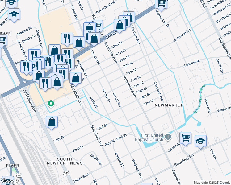 map of restaurants, bars, coffee shops, grocery stores, and more near 7418 Orcutt Avenue in Newport News