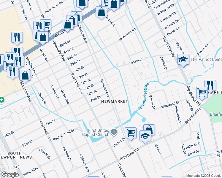 map of restaurants, bars, coffee shops, grocery stores, and more near 1201 73rd Street in Newport News