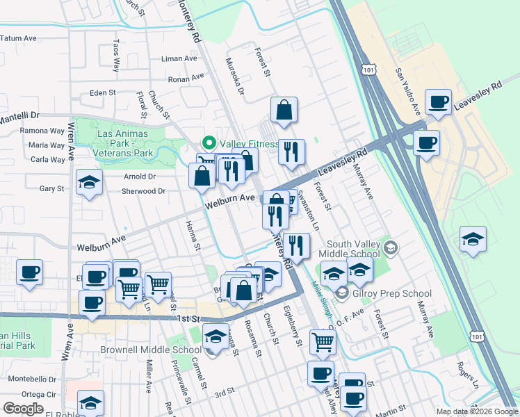 map of restaurants, bars, coffee shops, grocery stores, and more near 8355 Monterey Road in Gilroy