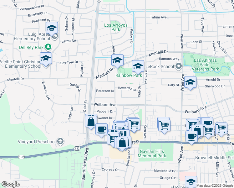 map of restaurants, bars, coffee shops, grocery stores, and more near 1205 Chesbro Way in Gilroy