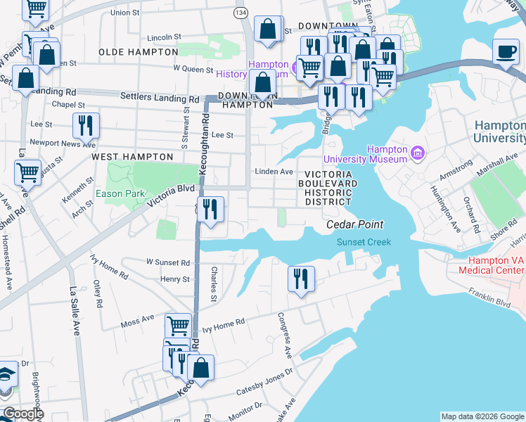 map of restaurants, bars, coffee shops, grocery stores, and more near 814 Park Place in Hampton