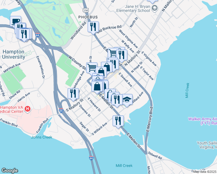 map of restaurants, bars, coffee shops, grocery stores, and more near 8 Tennis Lane in Hampton