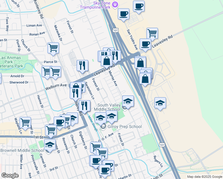 map of restaurants, bars, coffee shops, grocery stores, and more near 8282 Murray Avenue in Gilroy