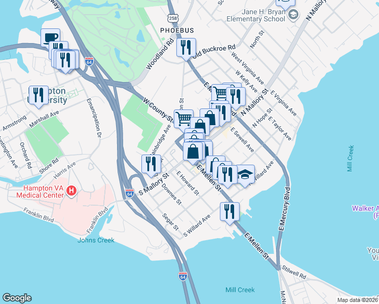 map of restaurants, bars, coffee shops, grocery stores, and more near 1 West Mellen Street in Hampton