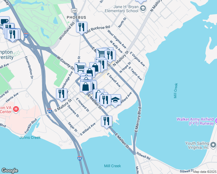 map of restaurants, bars, coffee shops, grocery stores, and more near 26 North Hope Street in Hampton