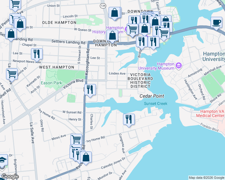 map of restaurants, bars, coffee shops, grocery stores, and more near 814 Park Place in Hampton