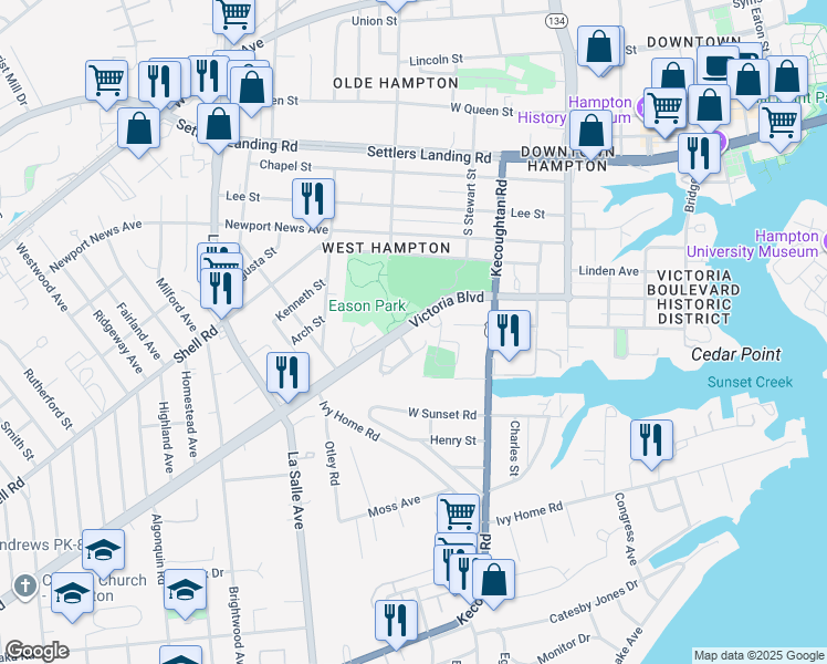 map of restaurants, bars, coffee shops, grocery stores, and more near 4000B Allen Street in Hampton