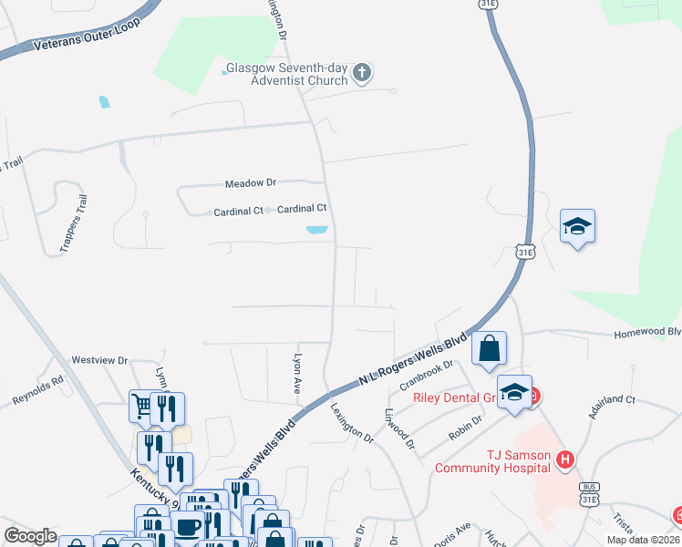 map of restaurants, bars, coffee shops, grocery stores, and more near 538 Lexington Drive in Glasgow