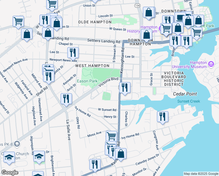 map of restaurants, bars, coffee shops, grocery stores, and more near 323 Columbia Avenue in Hampton