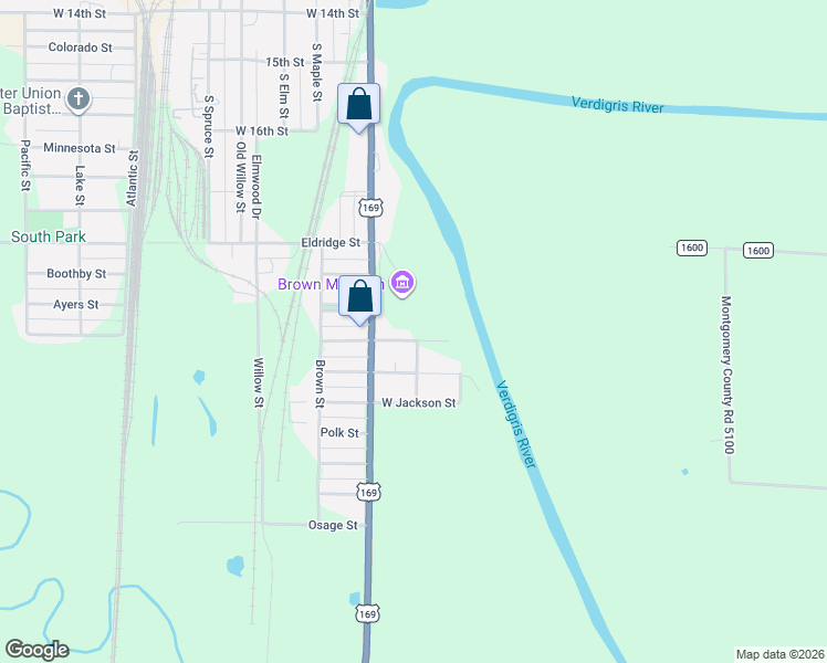map of restaurants, bars, coffee shops, grocery stores, and more near 110 East John Street in Coffeyville