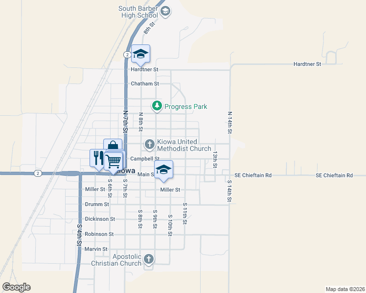 map of restaurants, bars, coffee shops, grocery stores, and more near 200-248 North 10th Street in Kiowa