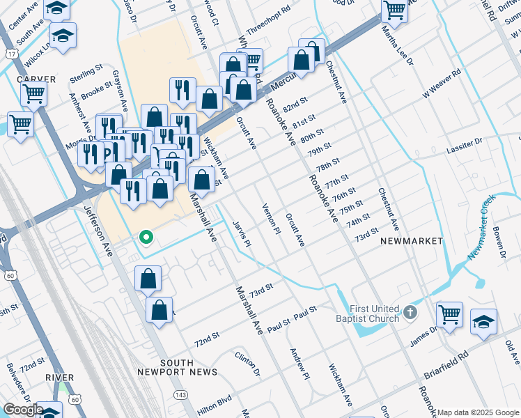 map of restaurants, bars, coffee shops, grocery stores, and more near 901 77th Street in Newport News