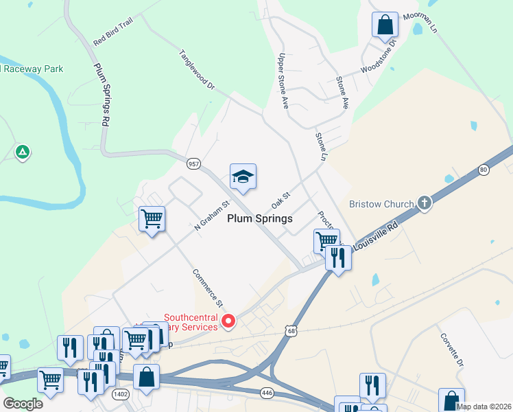 map of restaurants, bars, coffee shops, grocery stores, and more near in Plum Springs