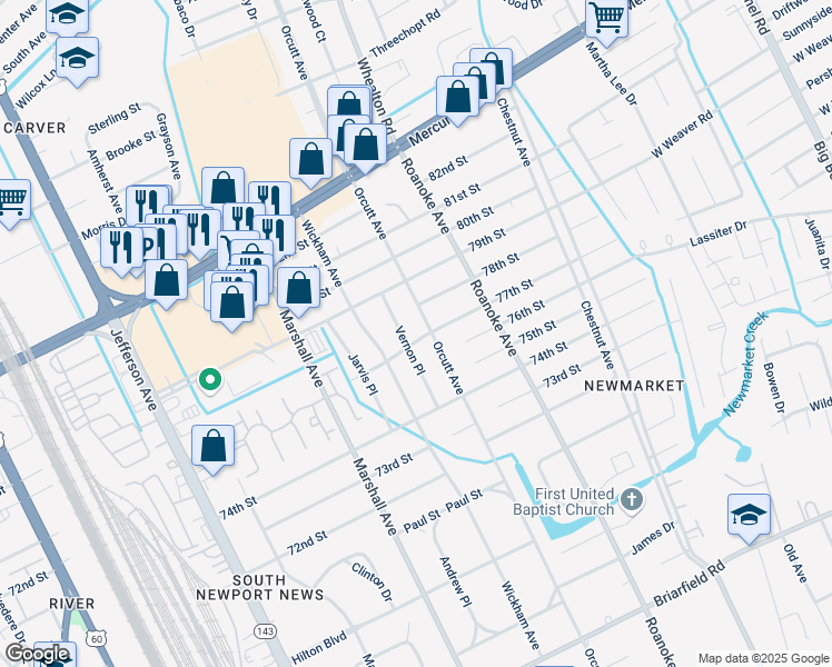 map of restaurants, bars, coffee shops, grocery stores, and more near 7419 Orcutt Avenue in Newport News
