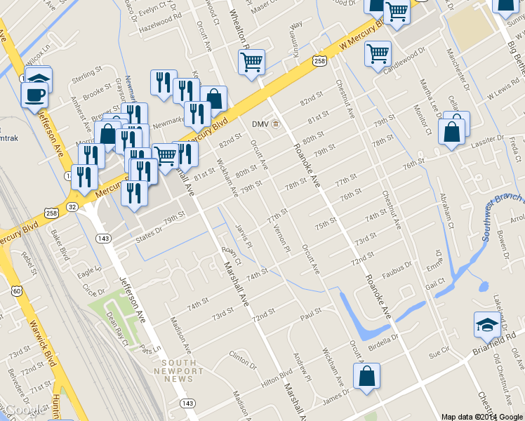 map of restaurants, bars, coffee shops, grocery stores, and more near 901 77th Street in Newport News