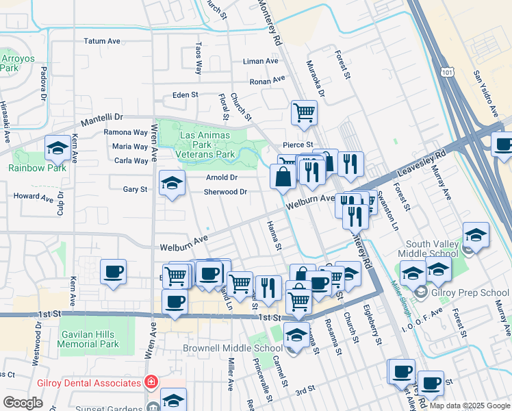 map of restaurants, bars, coffee shops, grocery stores, and more near 8420 David Court in Gilroy