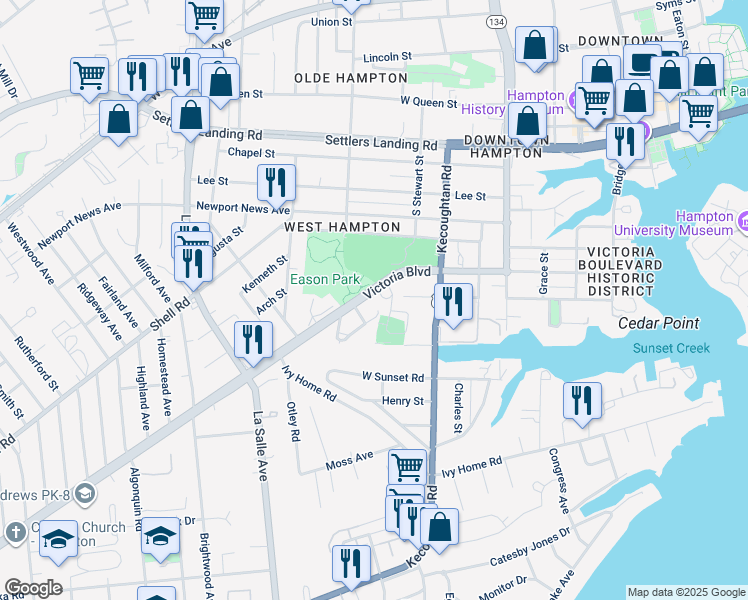 map of restaurants, bars, coffee shops, grocery stores, and more near 4014 Victoria Boulevard in Hampton