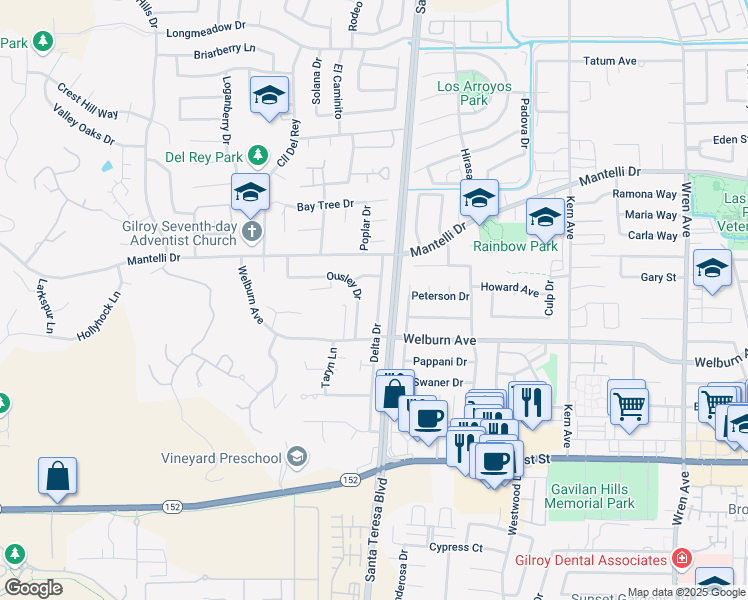 map of restaurants, bars, coffee shops, grocery stores, and more near 8601 Delta Drive in Gilroy
